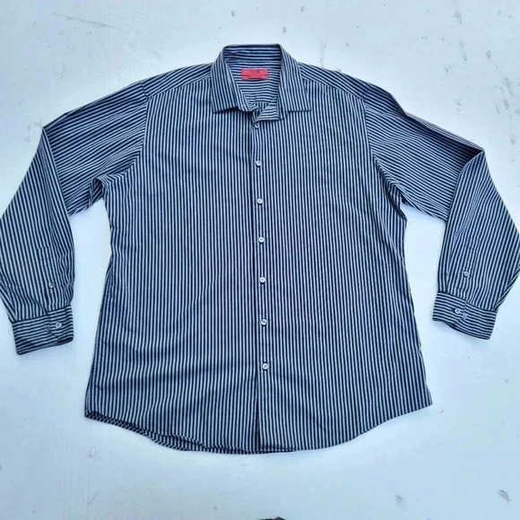 Alfani Men's Fitted Button Up Shirt Gray Black Striped Stretch Easy Care XL 17.5 - Picture 1 of 10